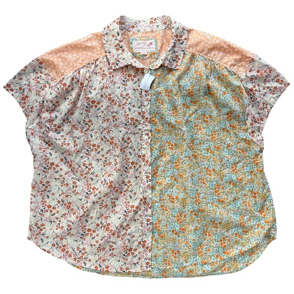 American Eagle Women's Large Orange & Floral Oversized Resort Button Front Shirt - Picture 2 of 13